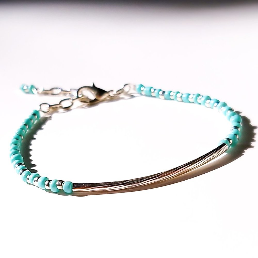 Turquoise Silver Tube Bracelet/ Aqua Noodle Bracelet/ Beaded Handmade Jewelry